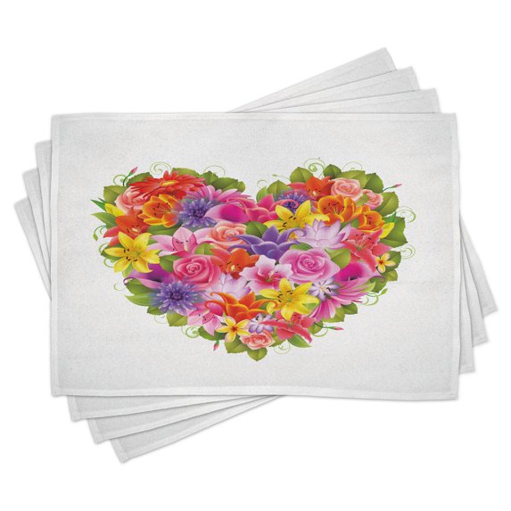 Ambesonne Valentines Day Place Mats Set of 4, Flower Rose Leaf, Standard Size, Multicolor