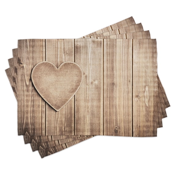 Ambesonne Valentines Day Place Mats Set of 4, Rustic Heart Planks, Standard Size, Tan