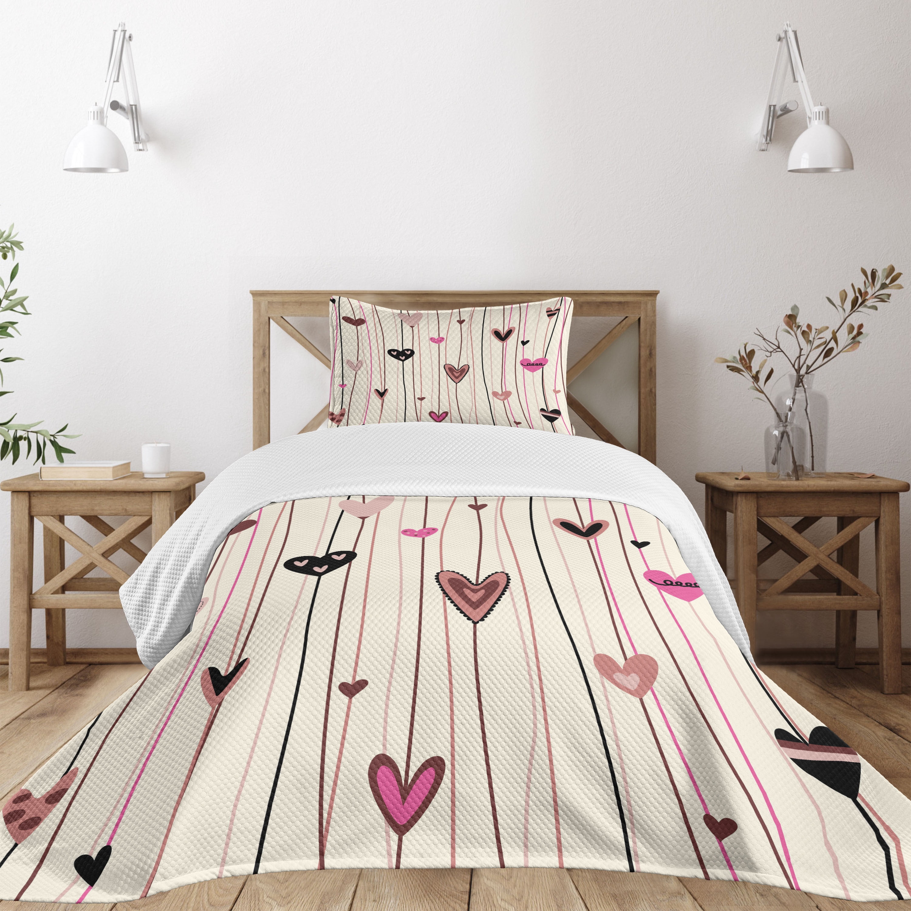 Twin Black Coral Pink Quilted Bedspread Set with Hearts