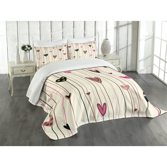 Ambesonne Valentines Day Quilted Bedspread Set 3 Pcs, Heart Love Theme, King Size, Black Coral Pink