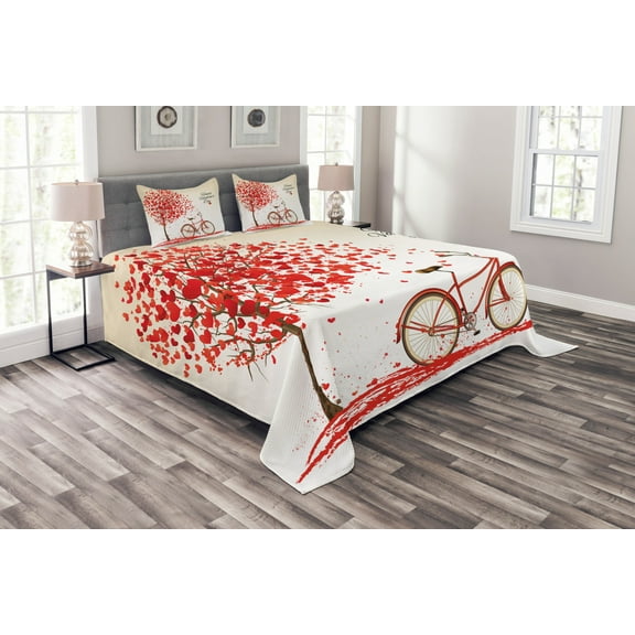 Ambesonne Valentines Day Quilted Bedspread Set 3 Pcs, Heart Tree Bike, King Size, Cream Vermilion