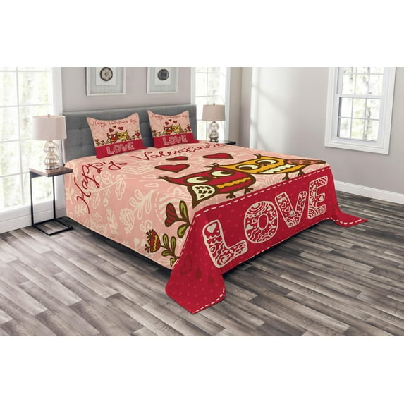 Ambesonne Valentines Day Quilted Bedspread Set 3 Pcs, Owls Love Heart, Queen Size, Pink Red Yellow