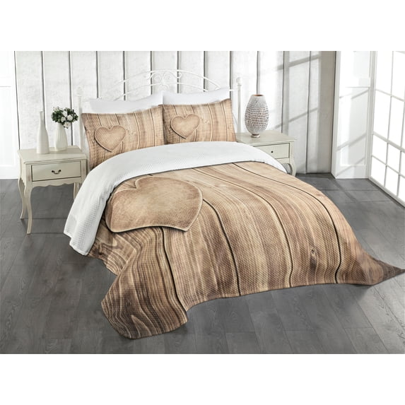 Ambesonne Valentines Day Quilted Bedspread Set 3 Pcs, Rustic Heart Planks, King Size, Tan