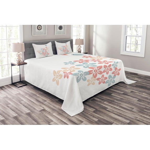 Ambesonne Valentines Day Quilted Bedspread Set 3 Pcs, Vintage Design, Queen Size, Dried Rose Blue Grey