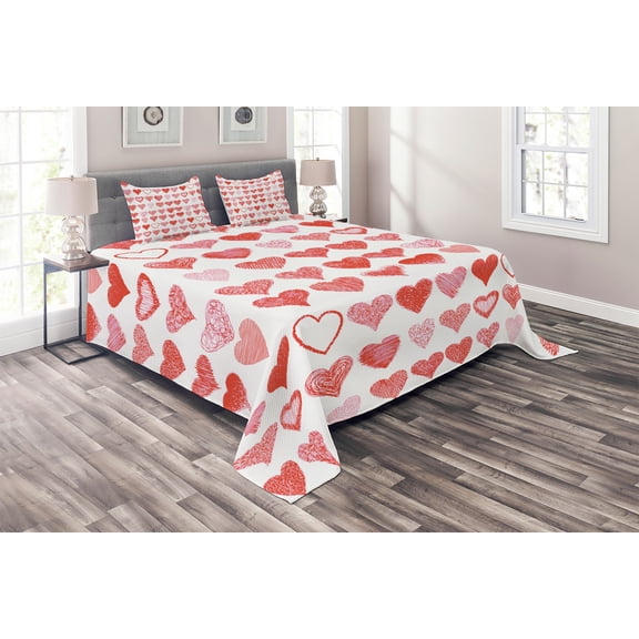 Ambesonne Valentines Day Quilted Coverlet 3 Pcs, Romantic Hearts, King Size, Vermilion Pink White
