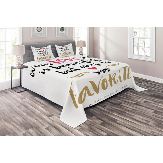 Ambesonne Valentines Day Quilted Coverlet 3 Pcs, Romantic Words, King Size, White Black Pink