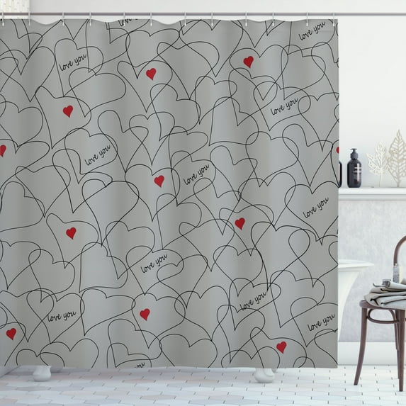 Ambesonne Valentines Day Shower Curtain, Lines and Heart Art, 69"Wx75"L, Pale Grey Burgundy