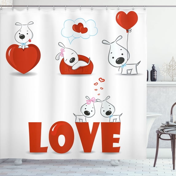 Ambesonne Valentines Day Shower Curtain, Puppy His Hers, 69"Wx70"L, Red White