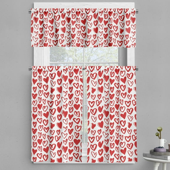 Ambesonne Valentines Day Valance & Curtain, Brush Drawing Hearts, 55"x30", Vermilion White