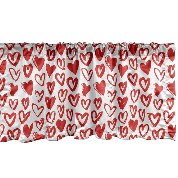 Ambesonne Valentines Day Window Valance, Brush Drawing Hearts, 42" x 12", Vermilion White