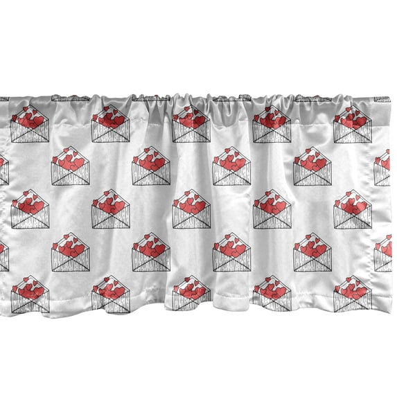 Ambesonne Valentines Day Window Valance, Repeated Pattern of Romantic Envelopes Full of Flying Heart Shapes, Curtain Valance for Kitchen Bedroom Decor with Rod Pocket, 54" X 18", White and Vermilion