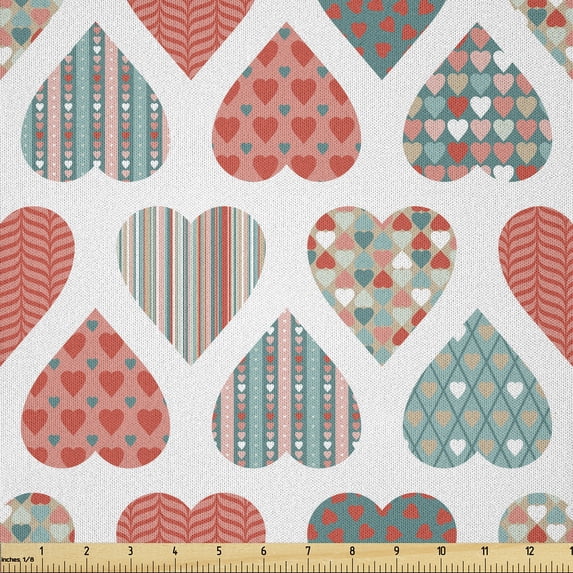 Ambesonne Valentines Fabric by the Yard Microfiber, Retro Hearts Pattern, 10 Yards, Teal Coral White