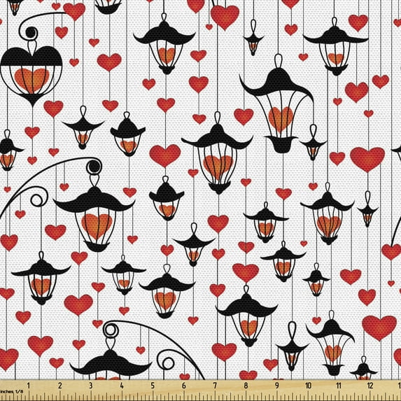 Ambesonne Valentines Fabric by the Yard Upholstery, Ornate Hearts, 5 Yards, Orange Red Black