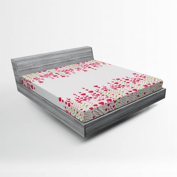 Ambesonne Valentines Fitted Sheet, Heart Leaves Flowers, Full Size, Magenta Green White