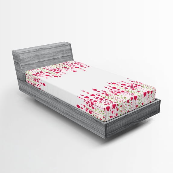 Ambesonne Valentines Fitted Sheet, Heart Leaves Flowers, Twin XL Size, Magenta Green White