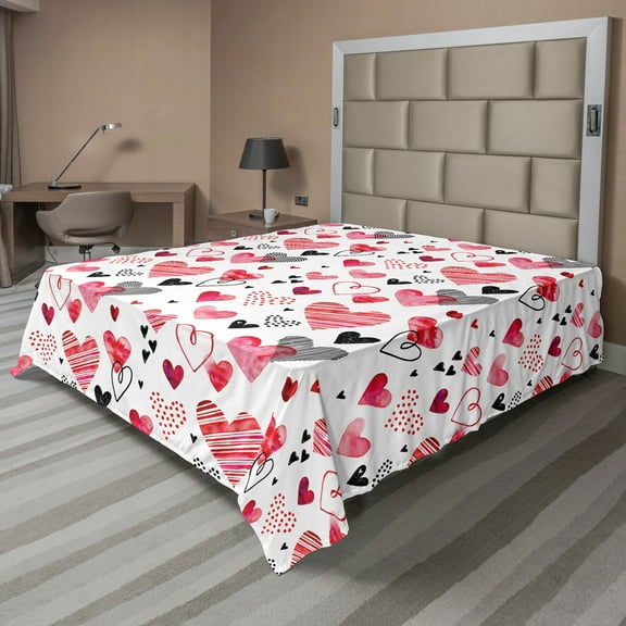 Ambesonne Valentines Flat Sheet, Doodle Heart Designs, California King, Black Red Pink