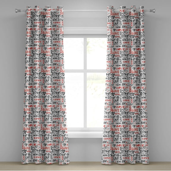 Ambesonne Valentines Grommet Curtain, Hand Drawn Doodle, 50" x 120", Black Red White