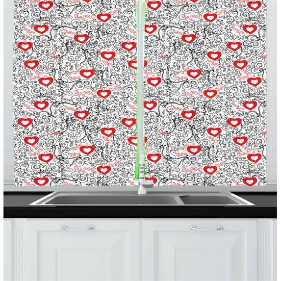 Ambesonne Valentines Kitchen Curtains, Romantic Hearty, 55"x39", Vermilion and Black