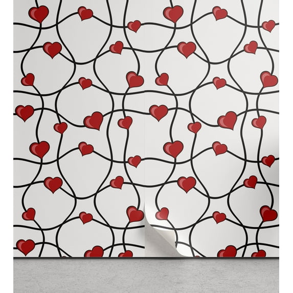 Ambesonne Valentines Peel & Stick Wallpaper for Home, Geometric Hearts, 13"x100", Red Black White