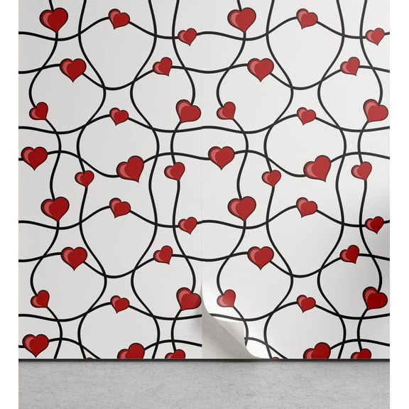 Ambesonne Valentines Peel & Stick Wallpaper for Home, Geometric Hearts, 13"x36", Red Black White
