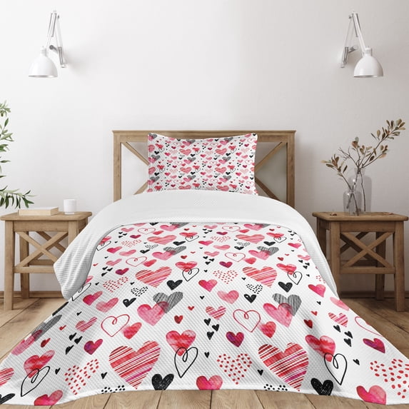 Ambesonne Valentines Quilted Bedspread Set 2 Pcs, Doodle Heart Designs, Twin Size, Black Red Pink