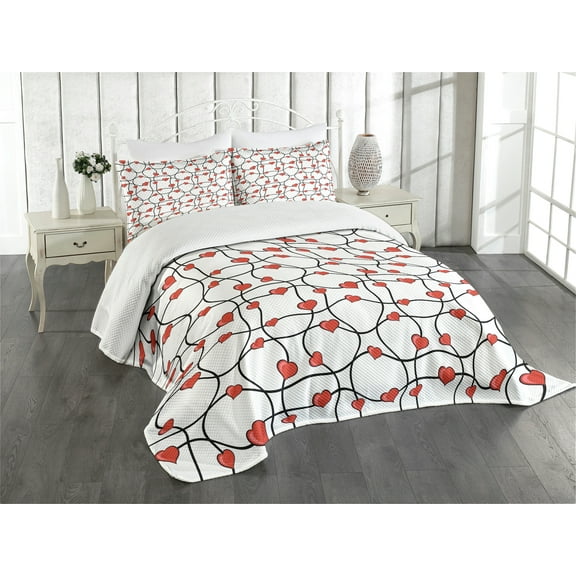 Ambesonne Valentines Quilted Bedspread Set 3 Pcs, Geometric Hearts, King Size, Red Black White