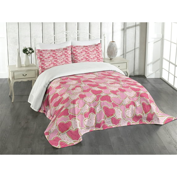 Ambesonne Valentines Quilted Bedspread Set 3 Pcs, Heart Shapes Cookies, King Size, Pale Brown Pale Pink