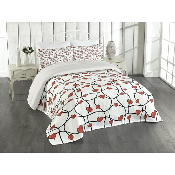 Ambesonne Valentines Quilted Coverlet 3 Pcs, Geometric Hearts, King Size, Red Black White