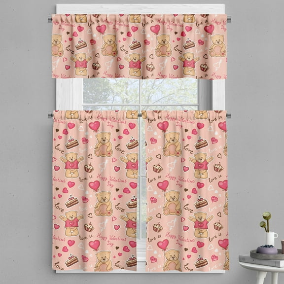 Ambesonne Valentines Valance & Curtain, Bear Cake Balloon, 55"x45", Coral Brown Peach