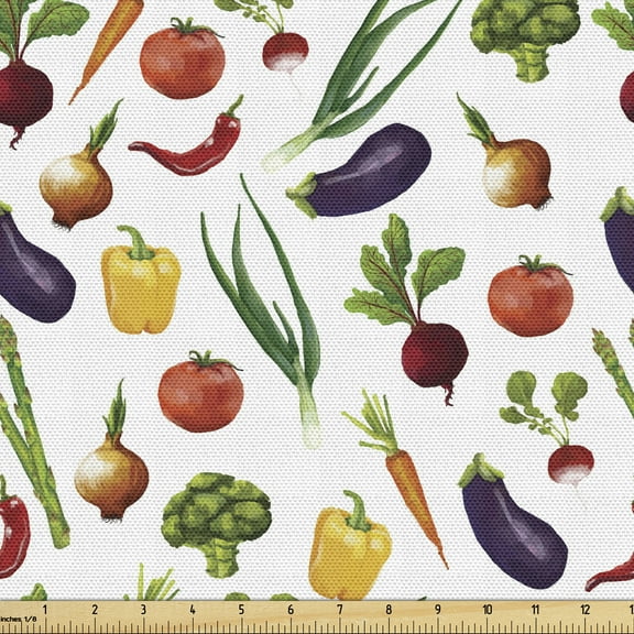 Ambesonne Vegetable Art Fabric by the Yard Upholstery, Onion and Radish, 2 Yards, Multicolor