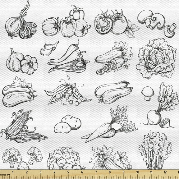 Ambesonne Vegetable Art Fabric by the Yard Upholstery, Vegetarian Harvest, 5 Yards, Black and White