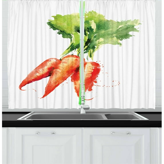 Ambesonne Vegetable Art Kitchen Curtains, Watercolor Carrot, 55"x39", Orange Green White