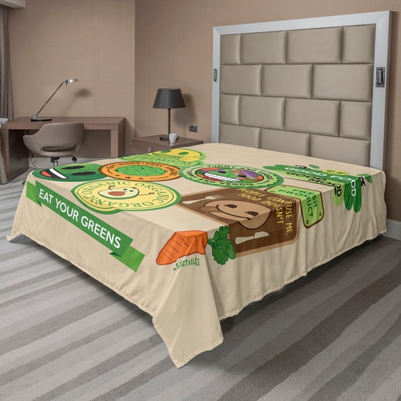 Ambesonne Vegetable Emoji Flat Sheet, Eat Your Veggies, Queen Size, Pale Khaki Fern Green