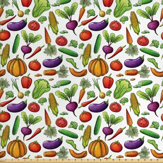 Ambesonne Vegetable Fabric by the Yard Upholstery, Autumn Harvest Sketching, 5 Yards, Multicolor