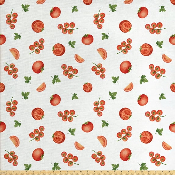 Ambesonne Vegetable Fabric by the Yard Upholstery, Cherry Tomato Parsley, 2 Yards, Vermilion and Green