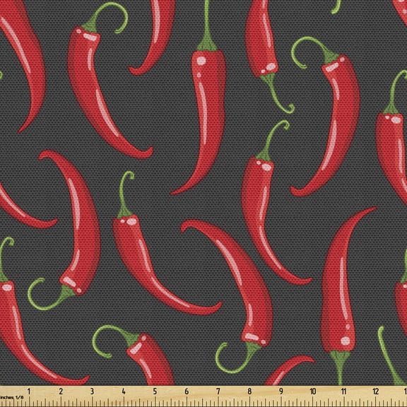 Ambesonne Vegetable Fabric by the Yard Upholstery, Hot Spice Chilli Peppers, 1 Yard, Grey Vermilion and Green