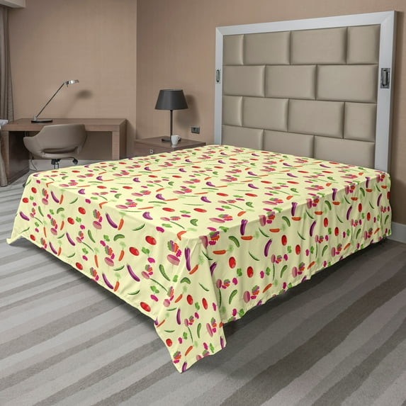 Ambesonne Vegetable Flat Sheet, Pea Tomato Carrot, Full Size, Multicolor