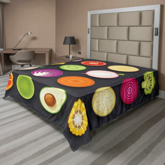 Ambesonne Vegetable Flat Sheet, Veggie and Fruit Circles, Full Size, Dark Blue Grey and Multicolor