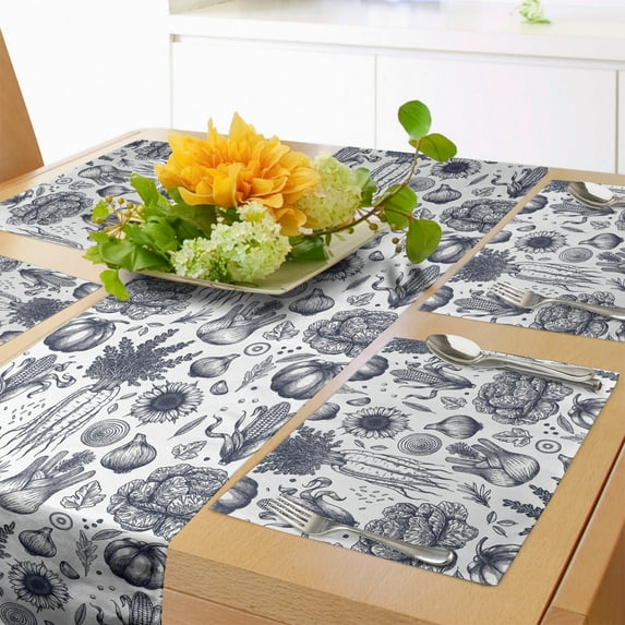 Ambesonne Vegetable Table Runner & Placemats, Autumn Harvest Food Art, Placemat 4 pcs + Runner 14"x90", Dark Blue Grey and White