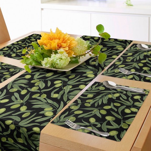Ambesonne Vegetable Table Runner & Placemats, Olive Tree Farming Image, Placemat 4 pcs + Runner 12"x72", Army Green and Charcoal Grey