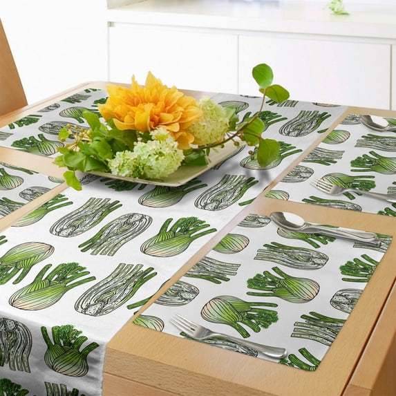 Ambesonne Vegetable Table Runner & Placemats, Striped Fresh Plant Food, Placemat 4 pcs + Runner 16"x72", White and Lime Green