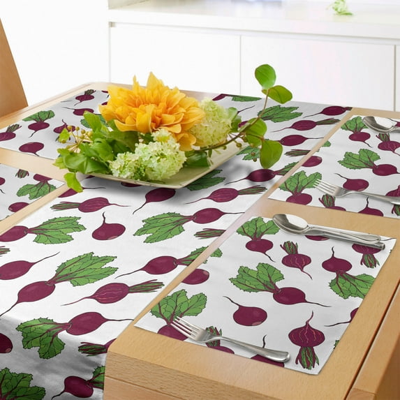 Ambesonne Vegetable Table Runner & Placemats, Whole and Halved Beets, Placemat 4 pcs + Runner 14"x72", Lime Green and Purple