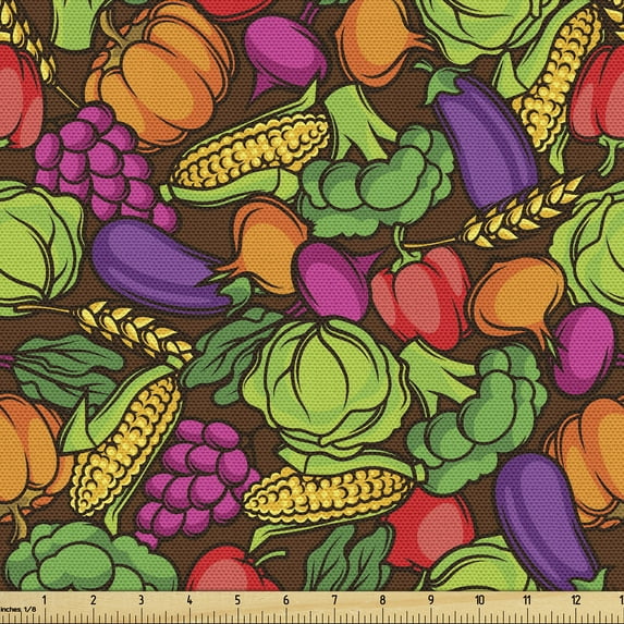Ambesonne Vegetables Fabric by the Yard Upholstery, Cartoon Seasonal Food, 1 Yard, Chocolate Multicolor