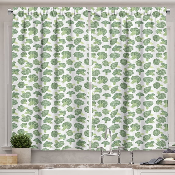 Ambesonne Vegetables Kitchen Curtains, Hatched Broccoli Pattern, 55"x39", Fern Green Pale Green