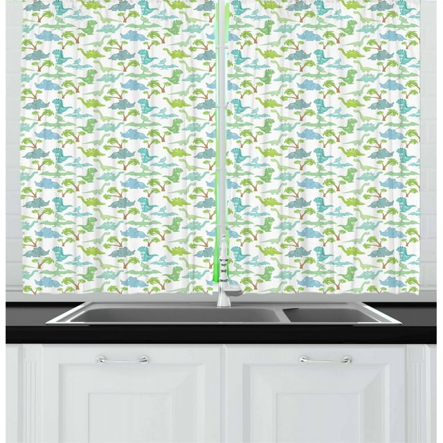 Ambesonne Velociraptor Kitchen Curtains, Dinosaurs Cartoon, 55"x39", Multicolor