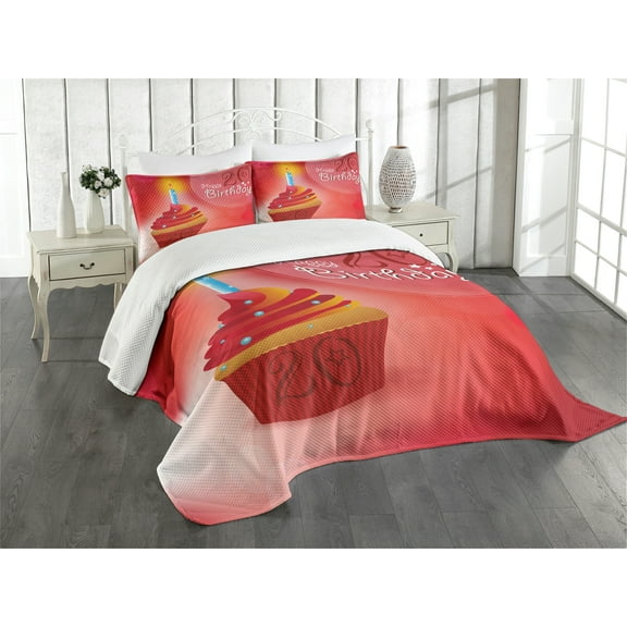 Ambesonne Vemilion Quilted Bedspread Set 3 Pcs, Cupcake with Beams, Queen Size, Vermilion Pink and Red