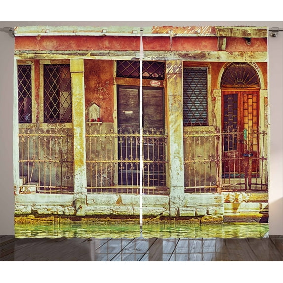 Ambesonne Venice Curtains 2 Panel Set, Aged Italian Building, 108" x 84", Orange Brown Green