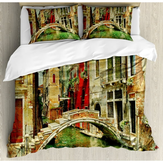 Ambesonne Venice Duvet Cover Set, Historic Landscape Art, 2-Calking, Green Red Pale Brown