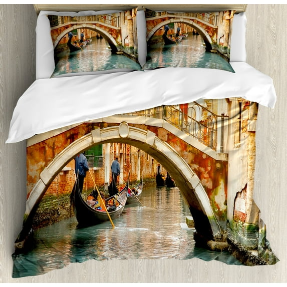 Ambesonne Venice Duvet Cover Sets, Bridge Gondola, 2-King, Orange Ivory Bluegrey