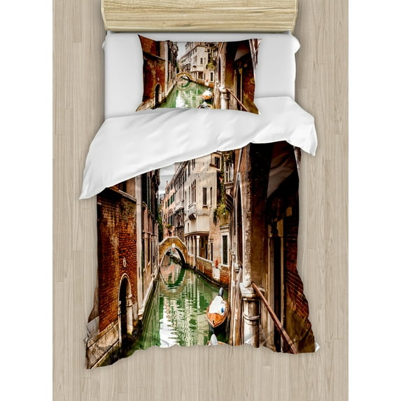Ambesonne Venice Duvet Cover Sets, Famous Water Canal Boats, 2-Twin, Cinnamon Jade Green